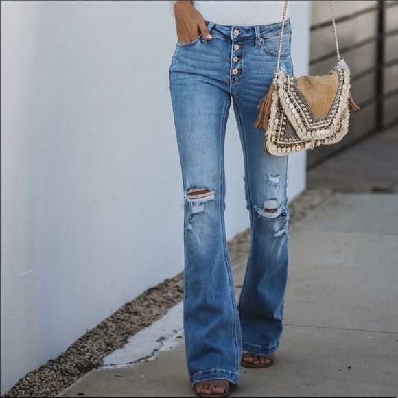 NWT High Rise Distressed Denim Jeans Bell Bottom - Picture 7 of 10